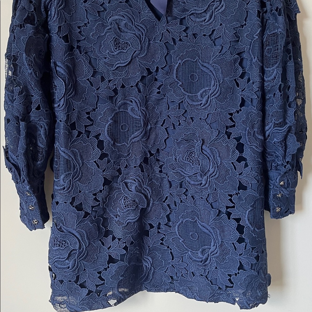 ZARA Guipure Floral Lace Lantern Sleeve Open Back Dress Blue Size Small - Picture 9 of 11